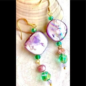 Purple Iridescent Shell Pearl Emerald Green Crystal Mermaid Colors Drop Earrings